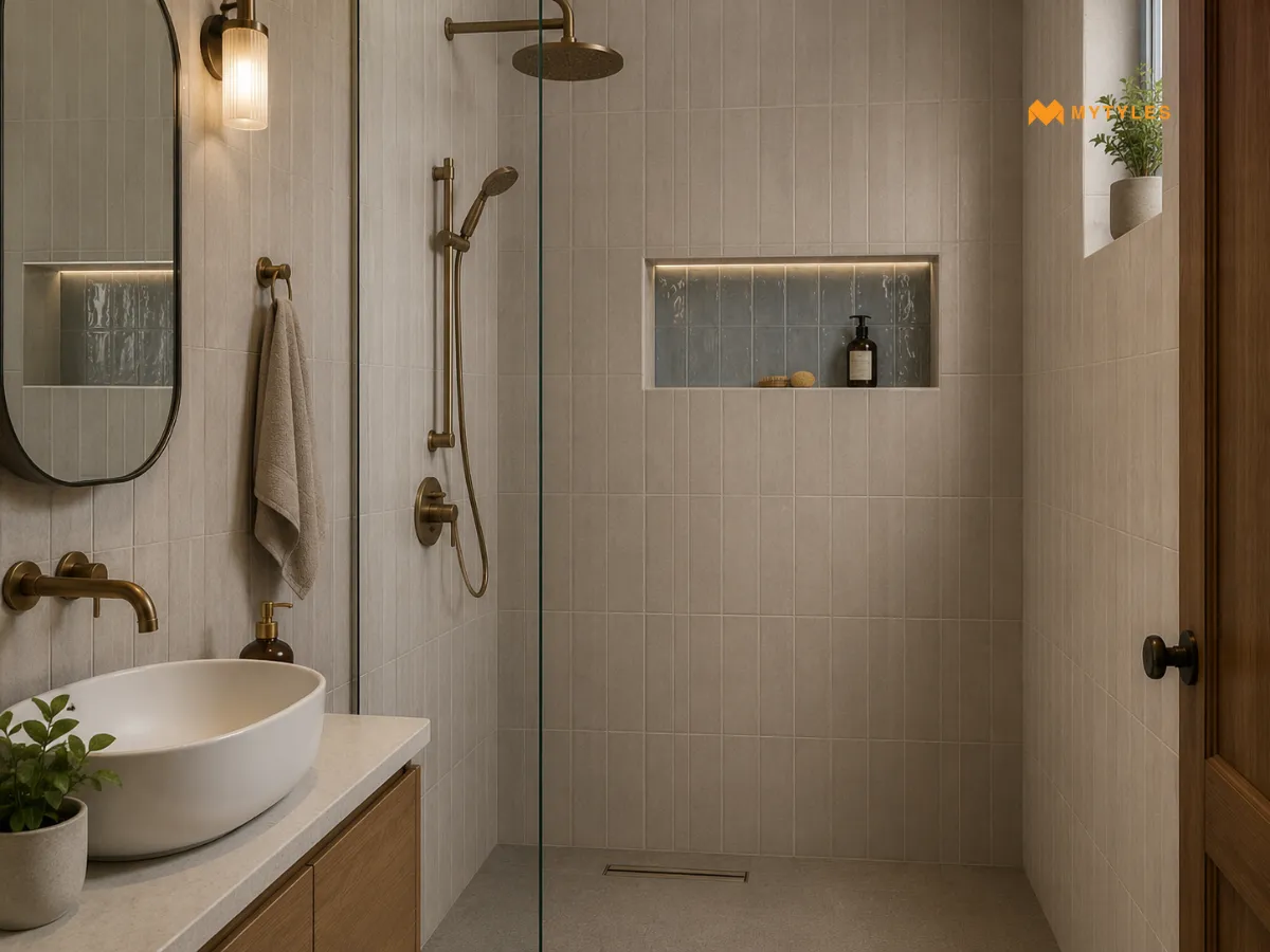 Matt Subway Tiles with a Glossy Shower Niche